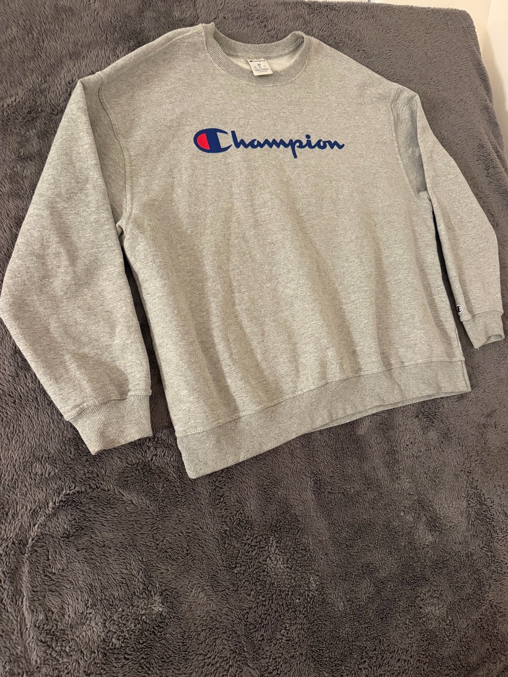 Champion Gray Crewneck with Blue and Red Logo